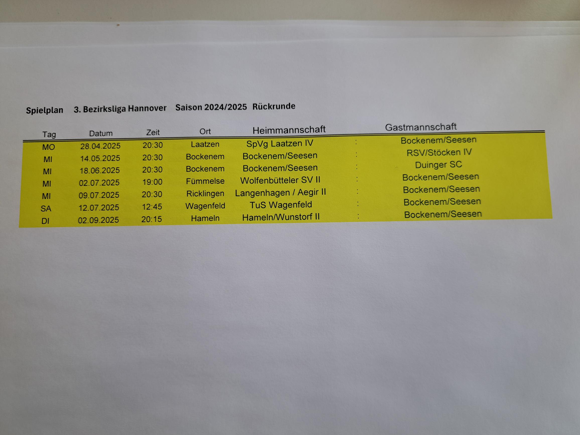 Spielplan Rückrunde / 3. Bezirksliga Hannover